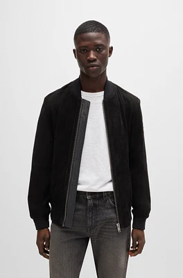 BOSS - Suede bomber jacket with ribbed trims Black