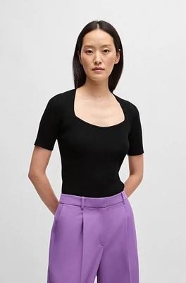 Square-neck short-sleeved sweater ribbed stretch fabric