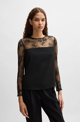 Regular-fit collarless blouse with lace trim