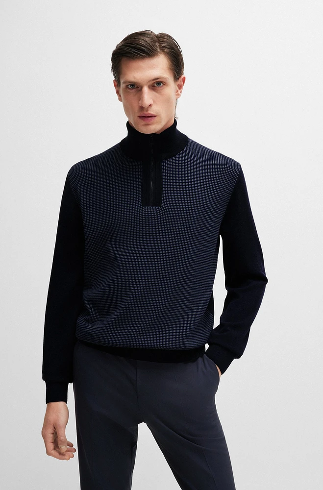 Zip-neck sweater with mixed structures