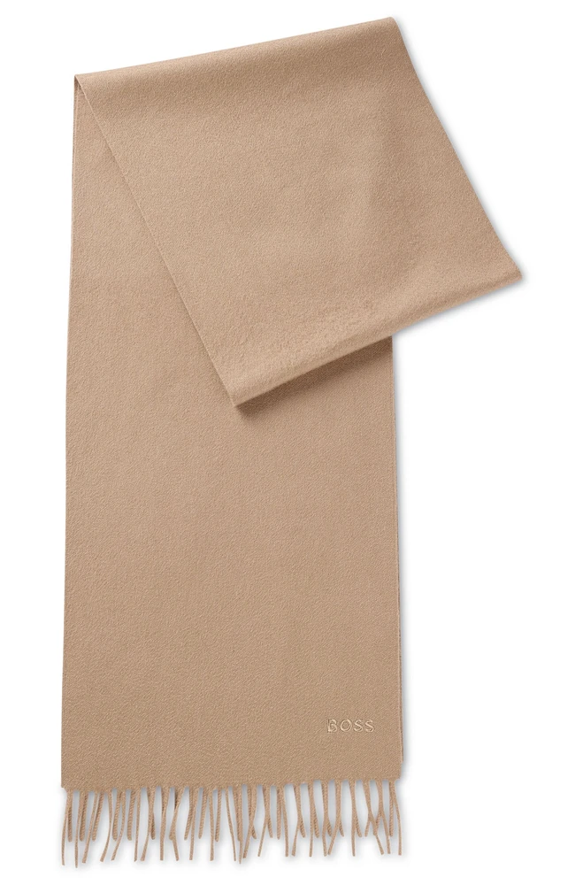 Italian-cashmere scarf with fringing and embroidered logo