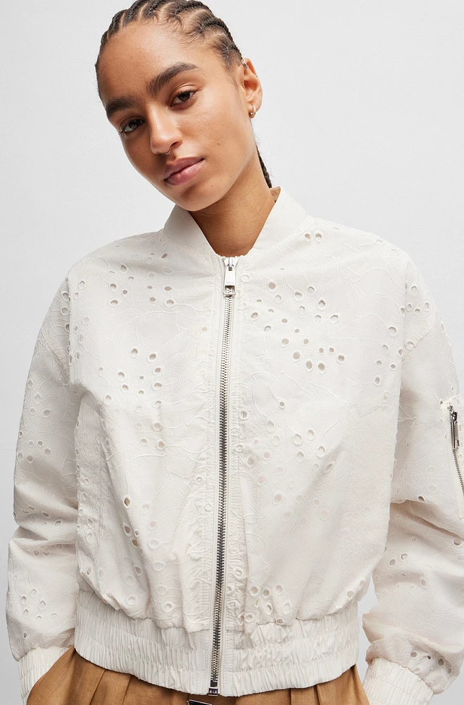 Embroidered bomber jacket with zipped sleeve pocket