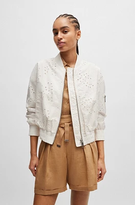 Embroidered bomber jacket with zipped sleeve pocket