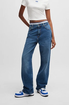 Long-length straight-fit jeans blue stretch denim