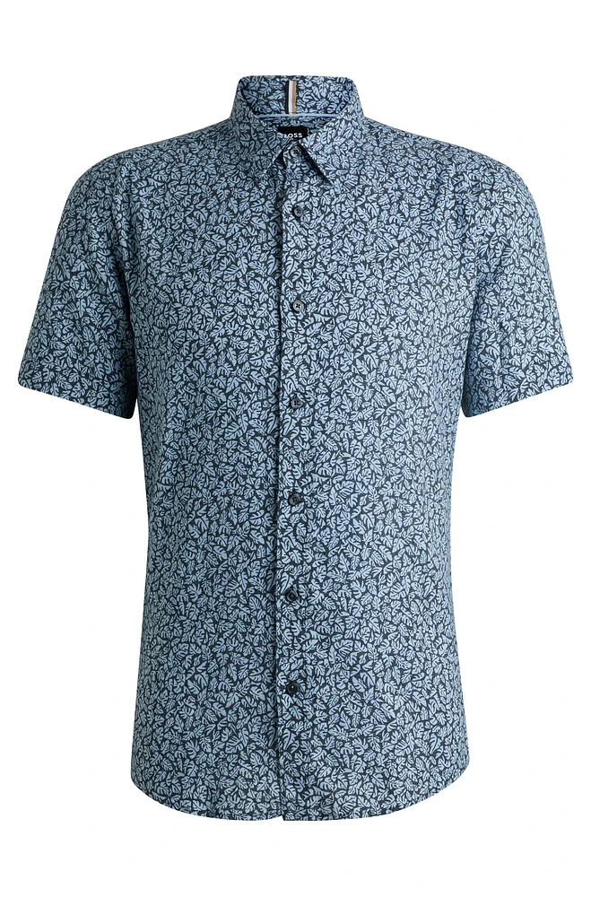 Camisa slim fit de cambray lino elástico estampado