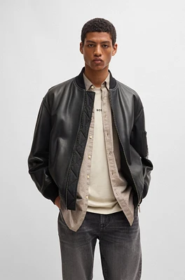 BOSS - Relaxed-fit leather jacket with branded sleeve pocket Black