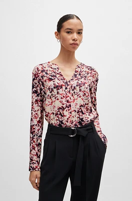 Floral-print blouse satin with notch neckline