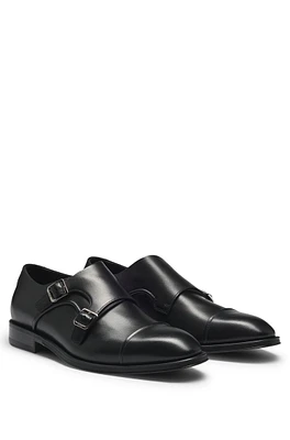 Cap-toe double monk shoes leather