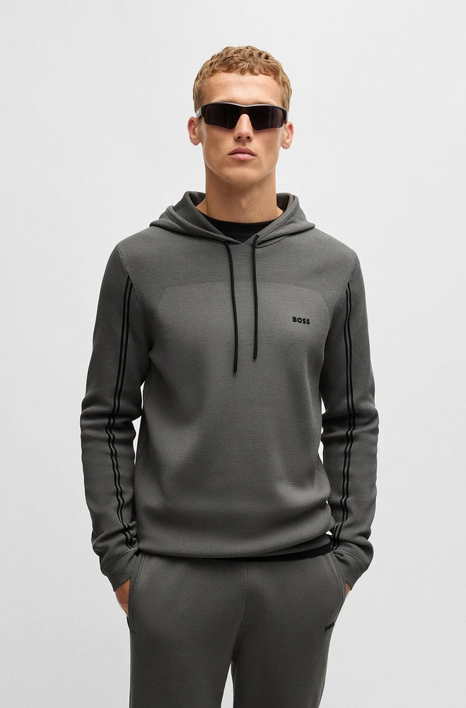 Regular-fit knitted hoodie with stripes and branding