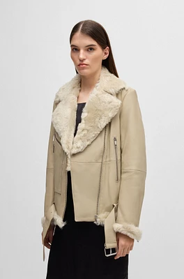 BOSS - Leather jacket with sheepskin trims Light Beige