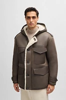 BOSS - Regular-fit hooded coat sheepskin with patch pockets Light Green