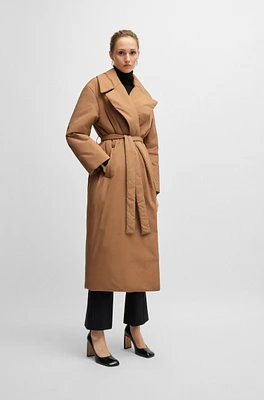 Water-repellent padded coat with tie-up belt