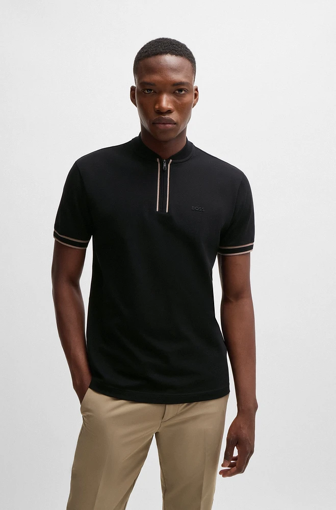 Zip-neck polo shirt stretch-cotton piqu