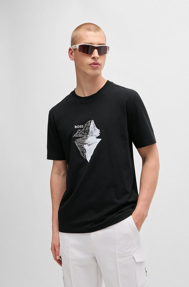 Stretch-cotton T-shirt with printed and embroidered artwork