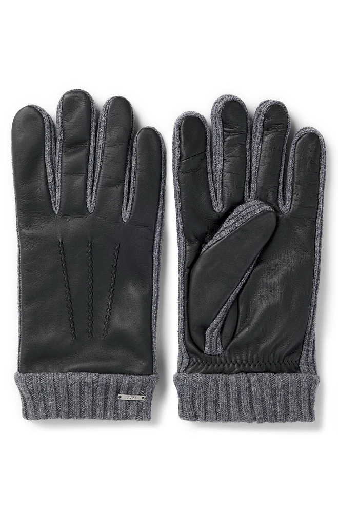 BOSS - Logo-trim gloves wool and leather Black