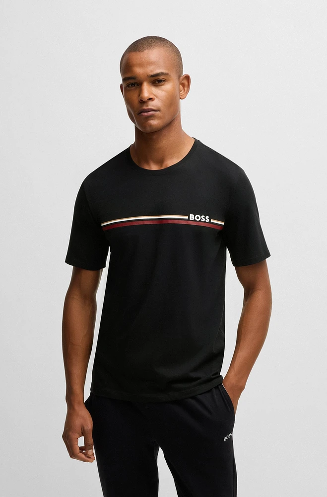 Stretch-cotton pajama T-shirt with stripe and logo