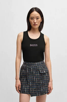 BOSS - Ribbed stretch-cotton tank top with crystal logo badge Black