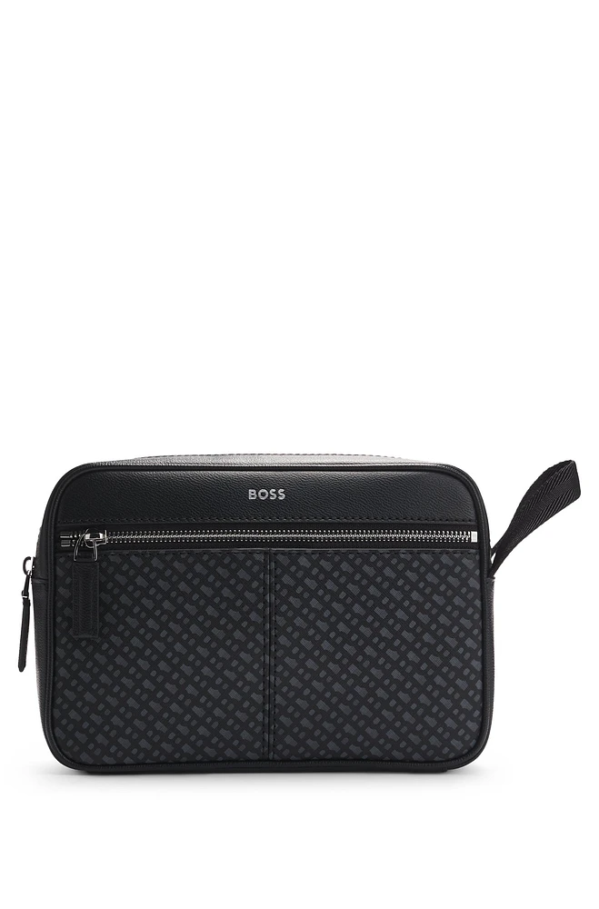 BOSS - Faux-leather washbag with monogram-print front pocket - Black