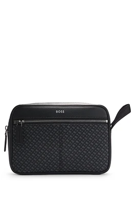 BOSS - Faux-leather washbag with monogram-print front pocket - Black