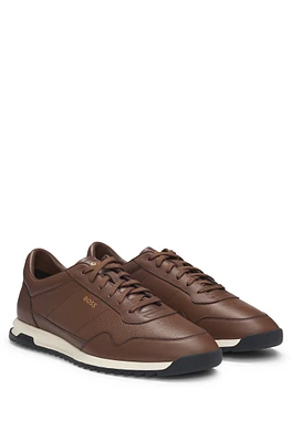 BOSS - Tumbled-leather lace-up trainers with plain trims Dark Brown