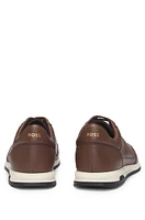 BOSS - Tumbled-leather lace-up trainers with plain trims Dark Brown