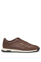 BOSS - Tumbled-leather lace-up trainers with plain trims Dark Brown