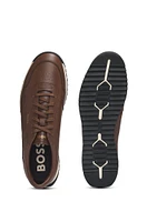 BOSS - Tumbled-leather lace-up trainers with plain trims Dark Brown