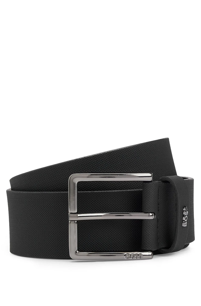 Embossed-leather belt with pin buckle and logo keeper