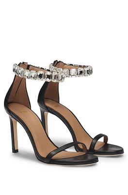 BOSS - High-heeled sandals nappa leather with rhinestone strap Black