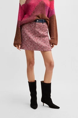 Multicolored-tweed A-line skirt with denim trims