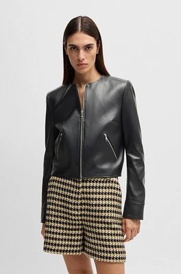 Collarless leather jacket with zip closure