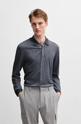 BOSS - Long-sleeved knit polo mouliné cotton and silk Dark Blue