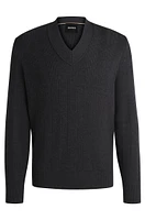 BOSS - Mixed-structure V-neck sweater wool Grey