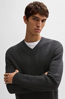 BOSS - Mixed-structure V-neck sweater wool Grey