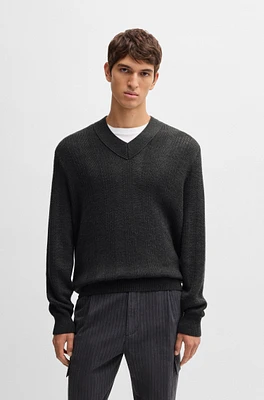 BOSS - Mixed-structure V-neck sweater wool Grey