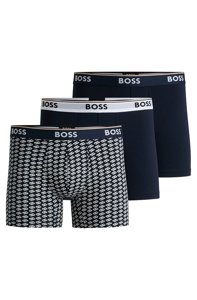 BOSS - Three-pack of stretch-cotton boxer briefs with logo waistbands Patterned