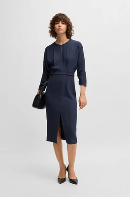 Mixed-material dress with button-tab waist