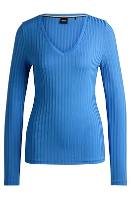 Long-sleeved V-neck top lustrous ribbed jersey