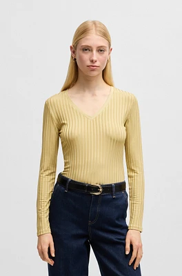 Long-sleeved V-neck top lustrous ribbed jersey