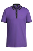 BOSS - Interlock-cotton polo shirt with striped collar Dark Purple