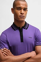 BOSS - Interlock-cotton polo shirt with striped collar Dark Purple