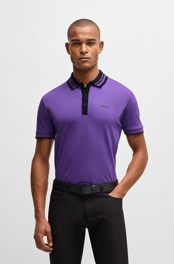 BOSS - Interlock-cotton polo shirt with striped collar Dark Purple