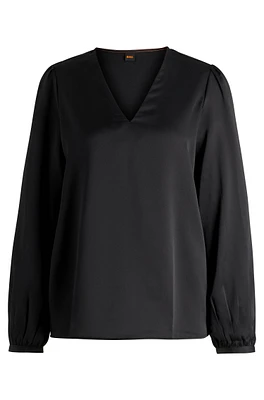 BOSS - Regular-fit blouse with V neckline hammered satin Black