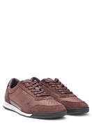 BOSS - Mixed-material lace-up trainers with suede trims Dark Red