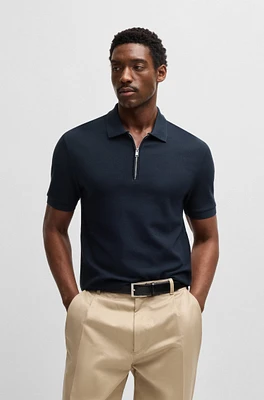 Zip-neck knit polo shirt with waffle structure