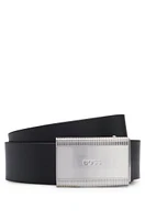 Fine-grain leather belt with branded plaque buckle