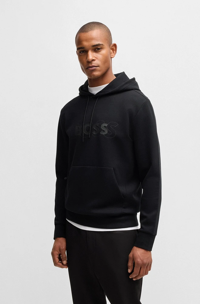 BOSS - Stretch-cotton hoodie with layered logo Black