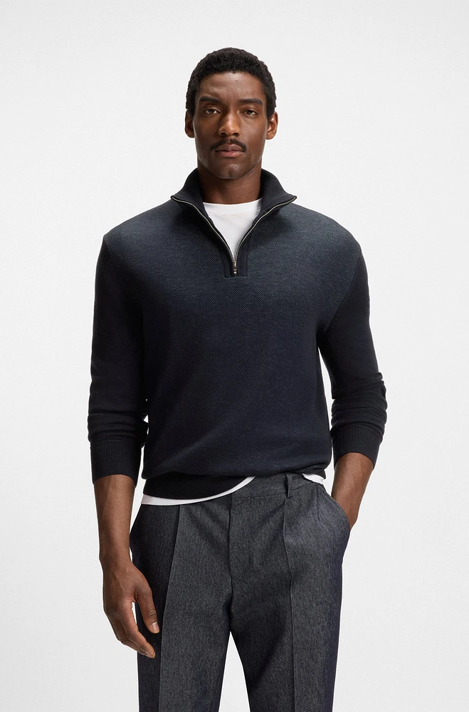 Zip-neck sweater with structured wool-cotton front