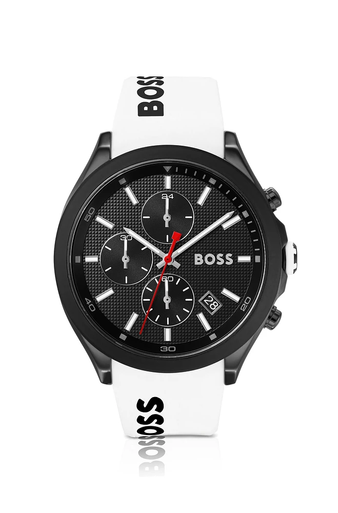 Black-plated chronograph watch with white logo strap