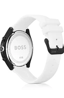 Black-plated chronograph watch with white logo strap